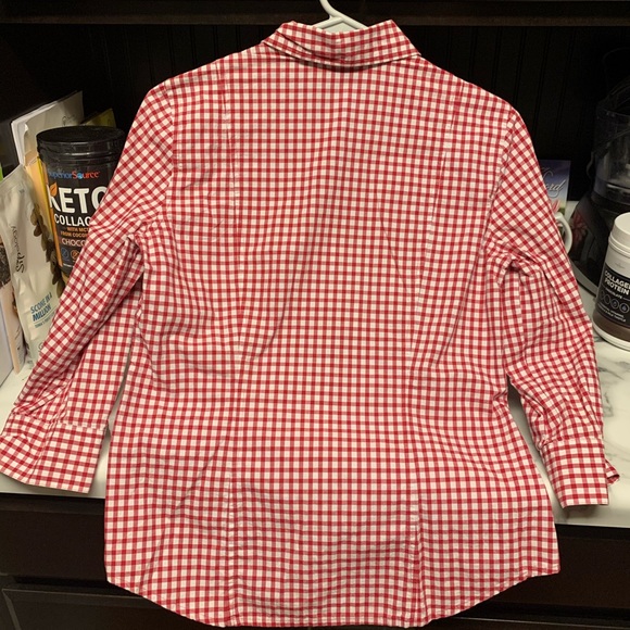 Red/white check button down blouse, 3/4 sleeve, Sm - Picture 4 of 4